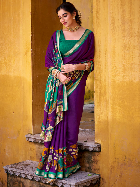 Purple Color Kalamkari Print With Zari Weaving Work Polyester Viscose Chanderi Saree