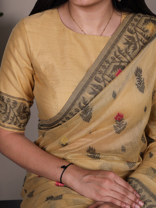 Yellow Color Thread Embroidery Work Poly Cotton Saree