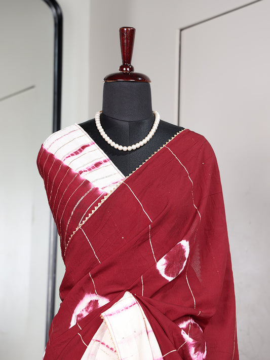 Maroon Color Sequins With Zari Line And Gota Patti Lace Border Viscose Chanderi Saree