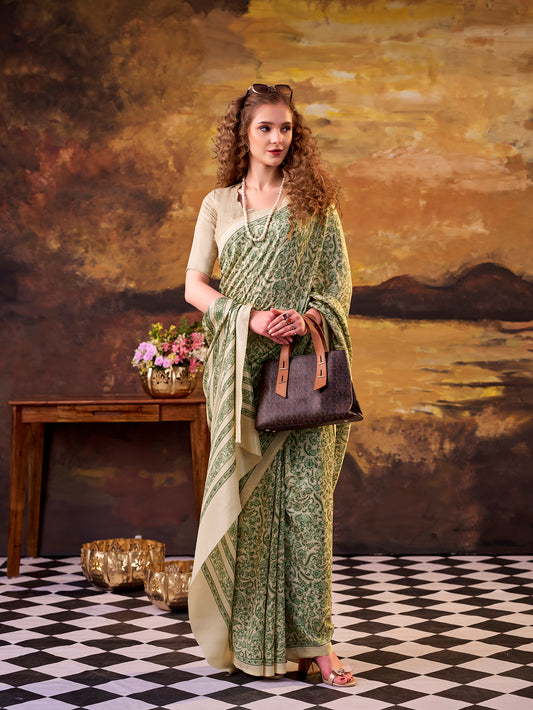 Green Color Printed Tasar Silk Saree