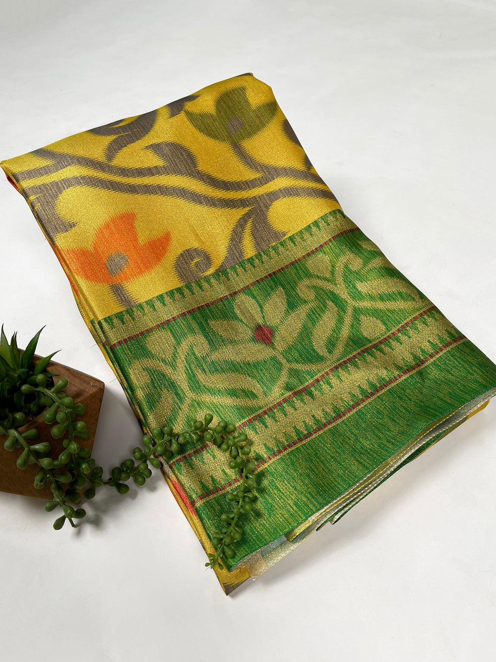 Yellow Color Printed Zari Satin (Satin Gota) Saree