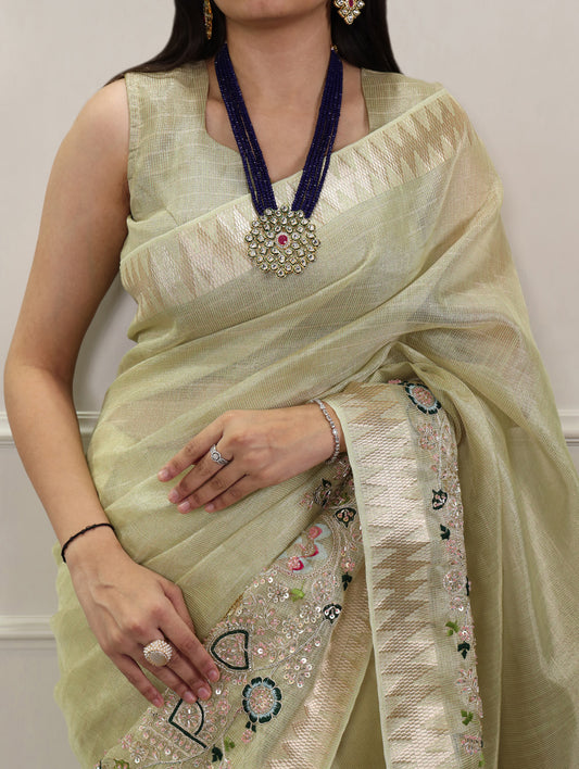 Pista Color Embroidery Beads Work Zari Kota Tissue Saree