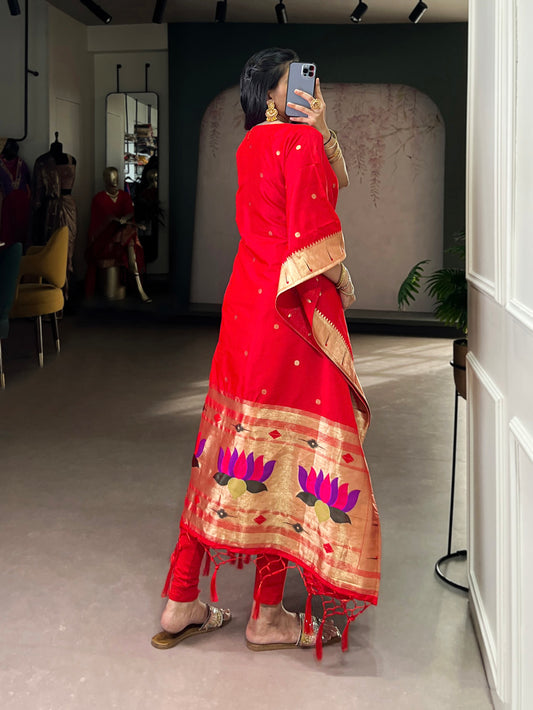 Red Color Zari Weaving Work Jacquard Kaftan