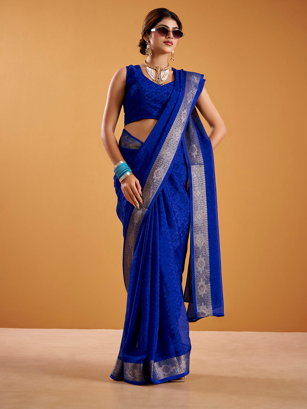 Royal Blue Color Zari Weaving Work Poly Shimmer Saree