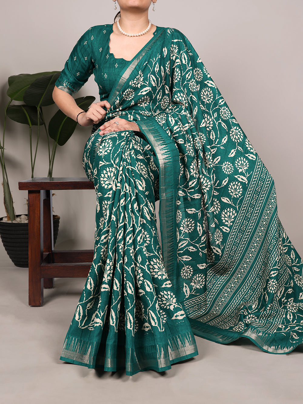 Pine Green Color Indian Wear Printed Saree