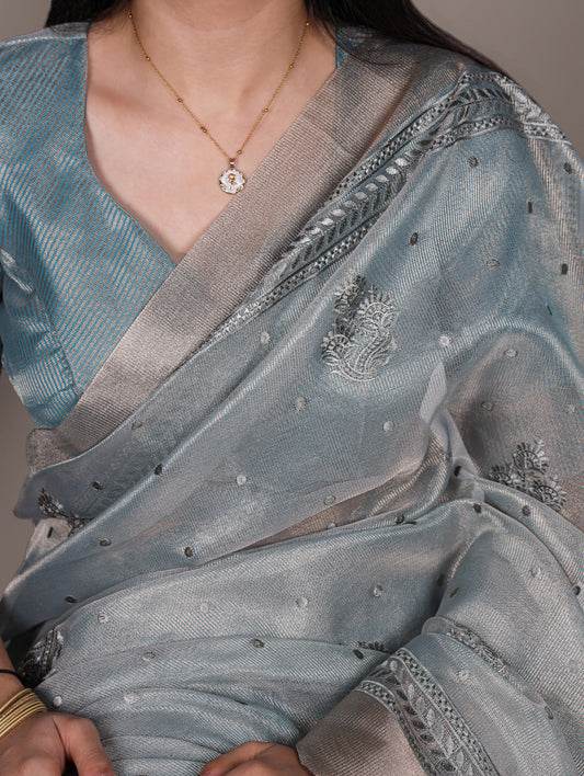 Sky Blue Color Thred Embroidery Work Poly Shimmer Saree