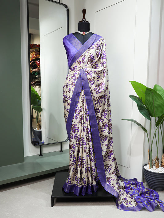 Off White Color Digital Printed Handloom Kotha Border Saree