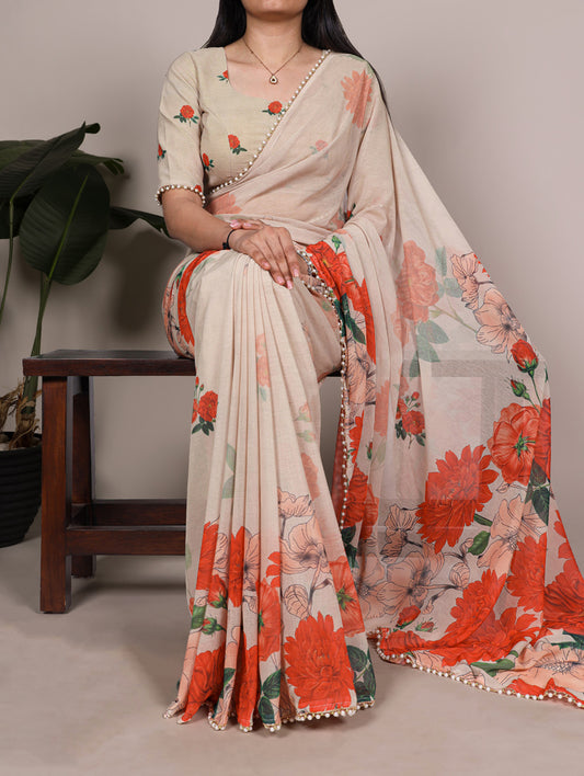 Off White Color Weightless Marbel Fancy Saree