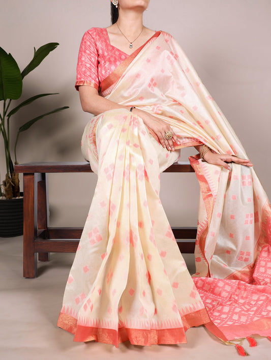 Off White Color Jacquard Silk Patola Print With Zari Weaving Work Saree