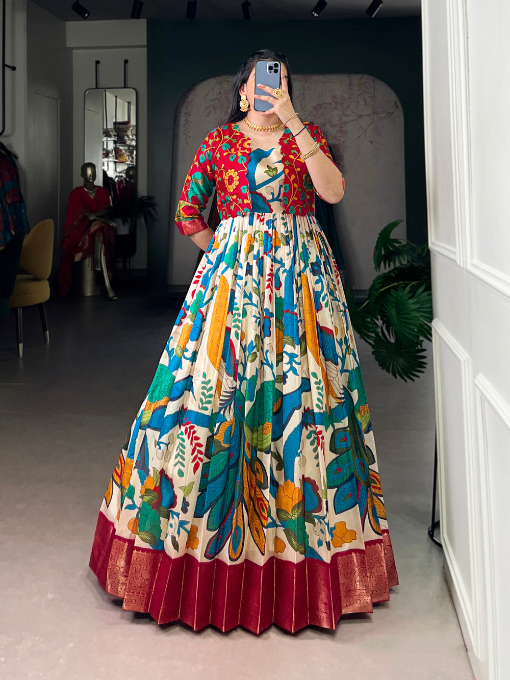 Off White Color Kamamkari Print With Zari Weaving Work Tasar Silk Gown