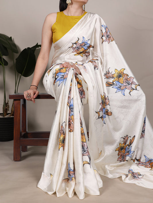 Off White Color Floral Printed Satin Silk Saree