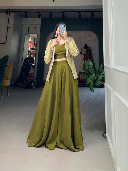 Olive Green Color Plain With Printed Georgette Plazo With Shrug