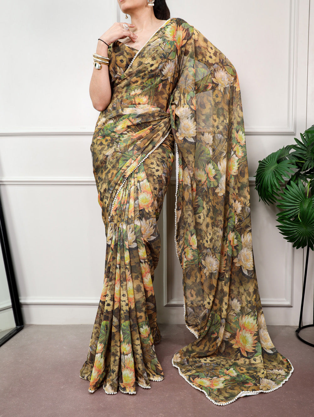 Stylist Floral Printed Olive Green Saree