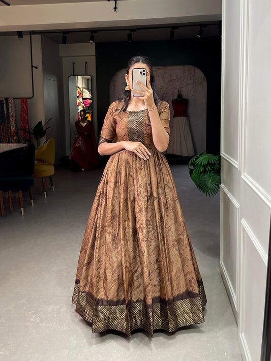 Onion Color Zari Weaving Work Shibori Printed Silk Dress