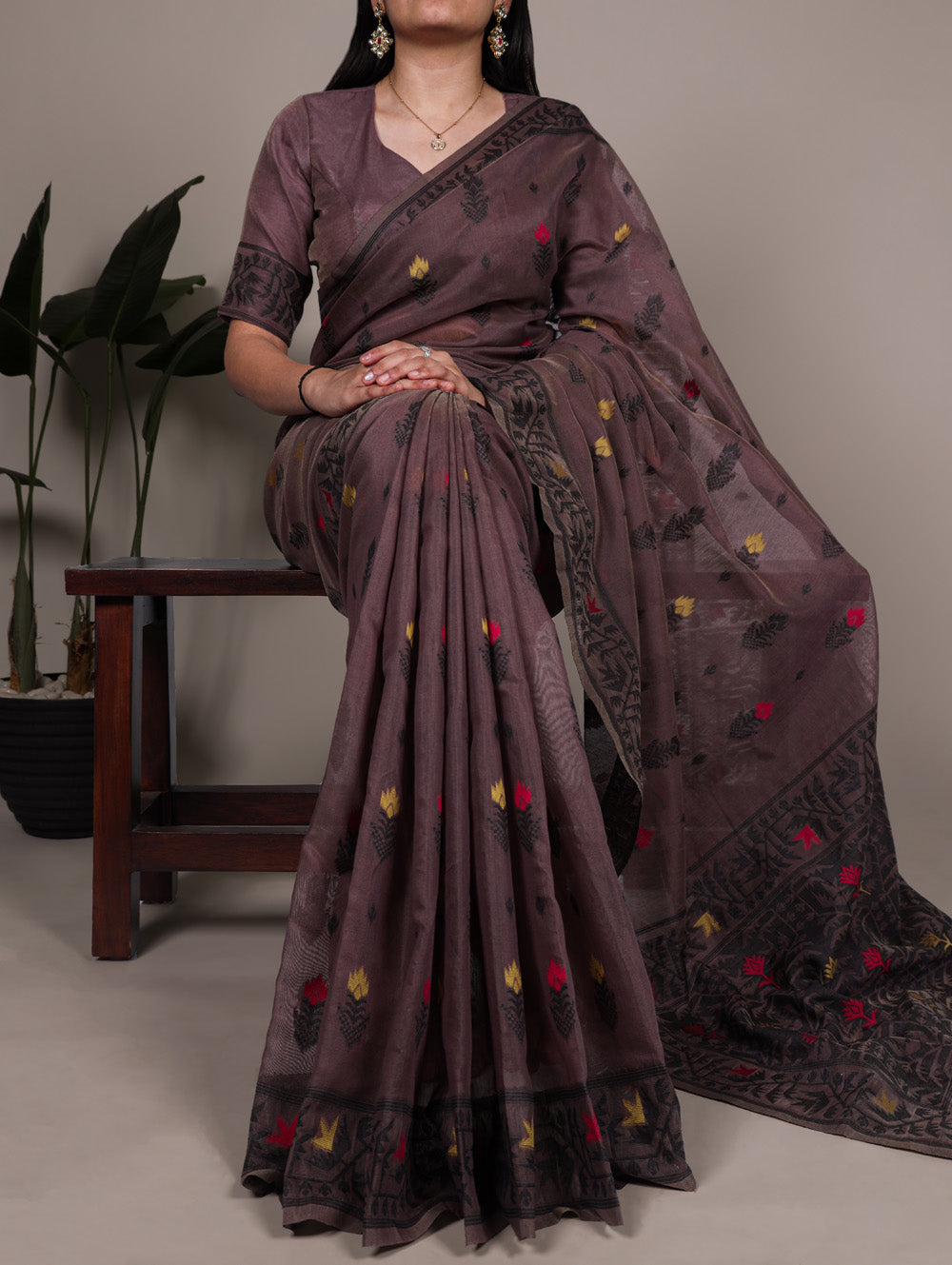 Onion Color Thread Embroidery Work Poly Cotton Saree