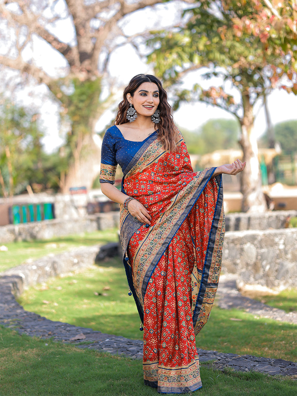 Red Color Foil Printed And Stone Work Dola Silk Saree