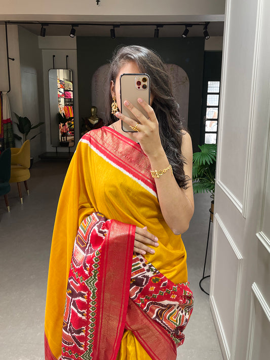 Mustard Color Patola Print And Foil Work Dola Silk Saree