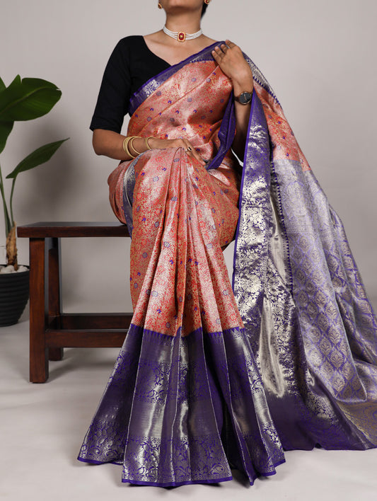 Orange Color Zari Weaving Work Jacquard Silk Kanjivaram Saree