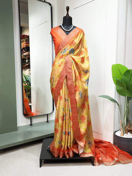 Orange Color Digital Printed Handloom Kotha Border Saree