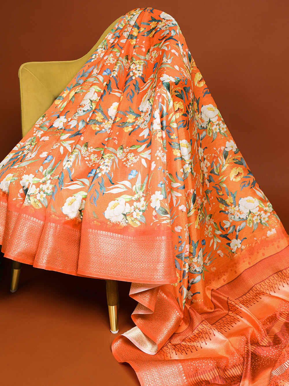 Orange Color Printed With Zari Border Dola Silk Saree