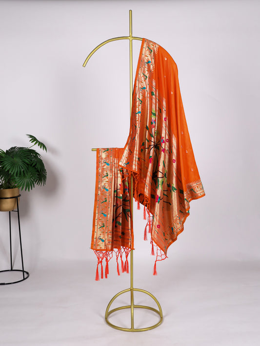 Orange Color Weaving Zari Work Jacquard Paithani Silk Dupatta