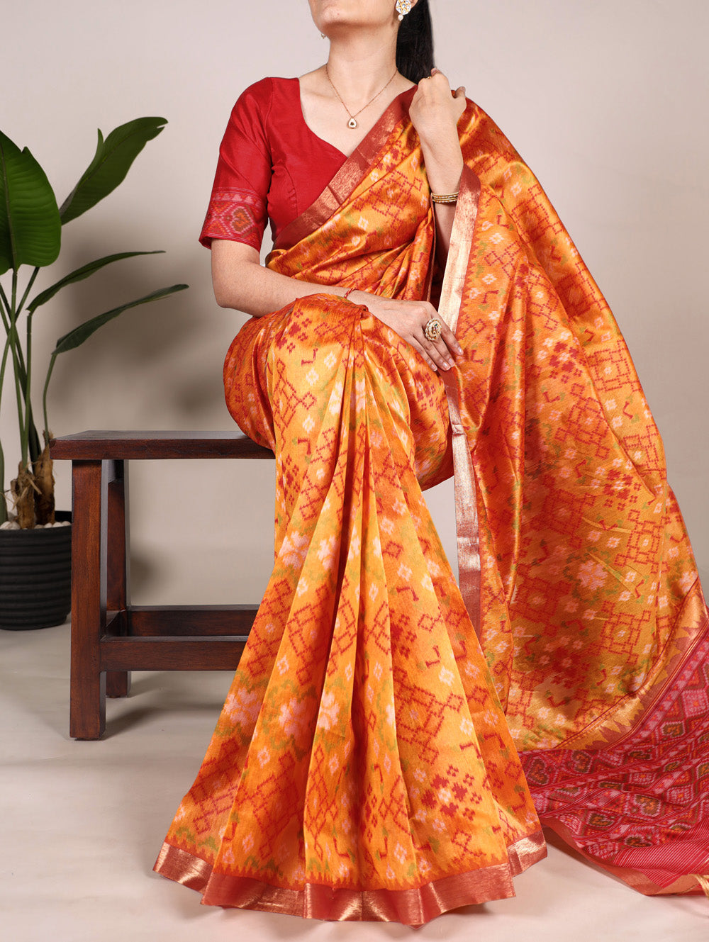 Orange Color Patola Print With Zari Weaving Work Jacquard Silk Saree