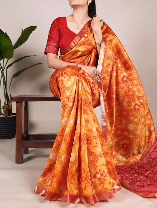 Orange Color Patola Print With Zari Weaving Work Jacquard Silk Saree
