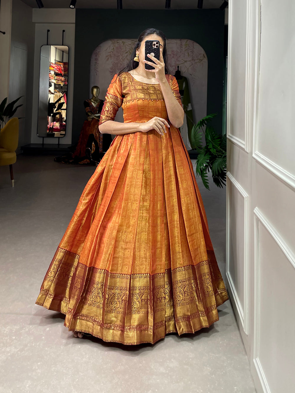 Orange Color Zari Weaving Work Kanjivaram Dress