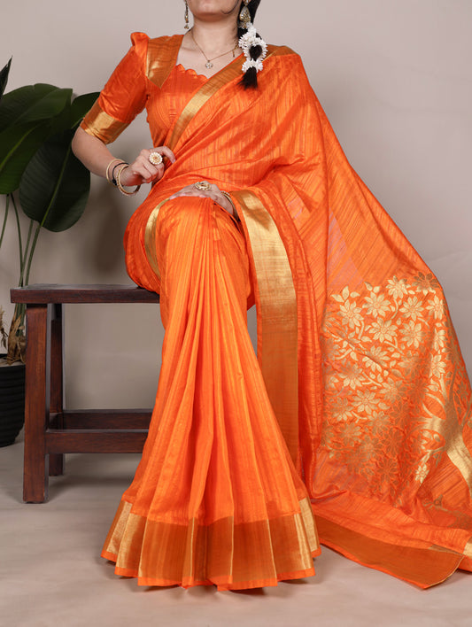 Orange Color Zari weaving Work Raw Silk Saree