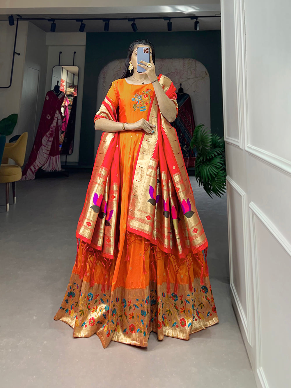Orange Color Zari Weaving Work Jacquard Silk Dress