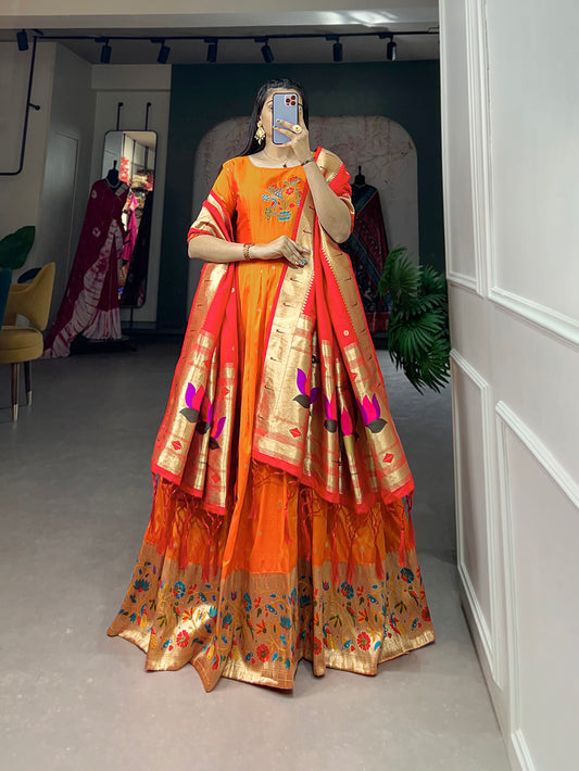 Orange Color Zari Weaving Work Jacquard Silk Dress