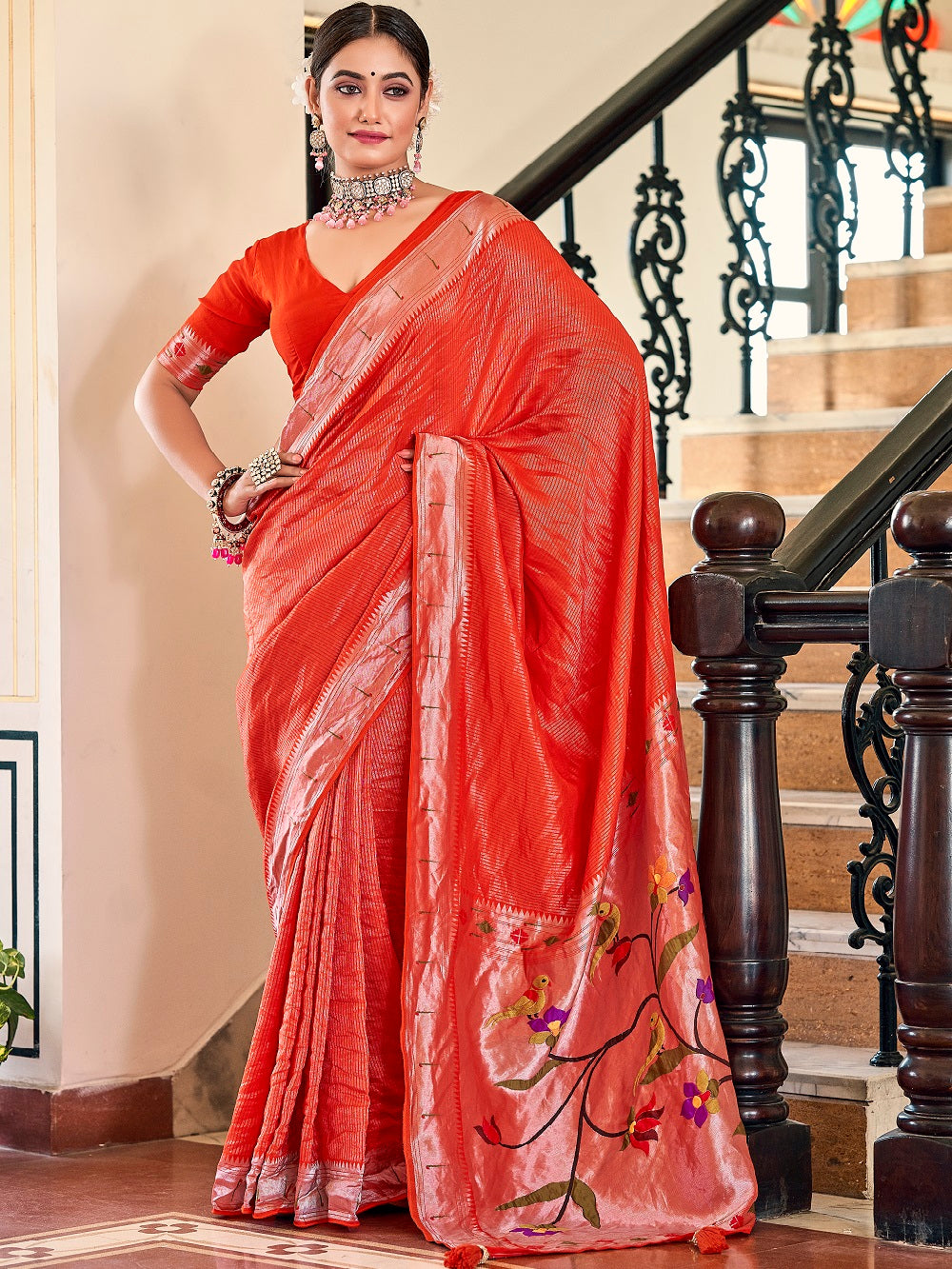 Red Color Weaving Zari Work Paithani Meenakari Saree