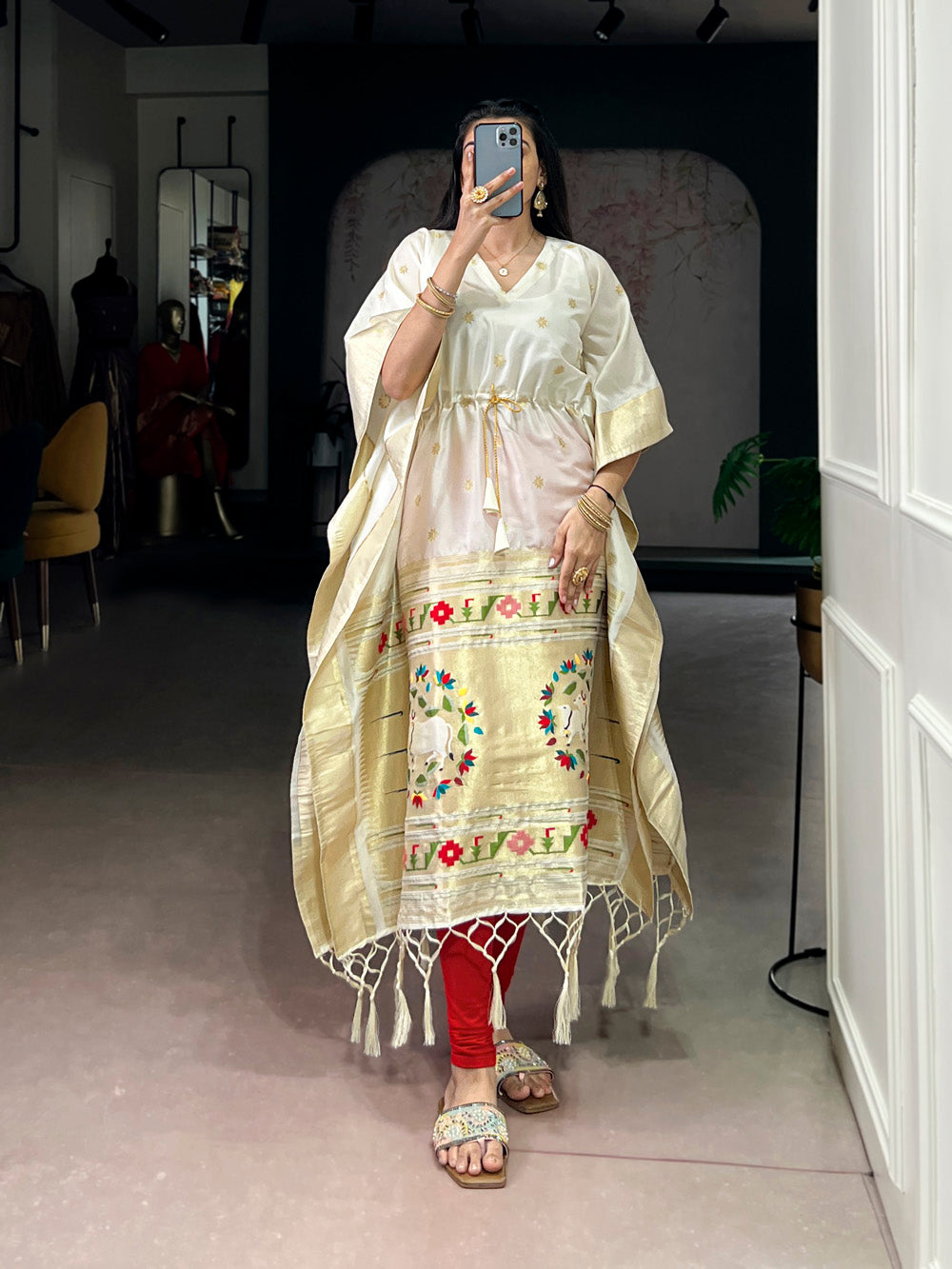 White Color Zari Weaving Work Jacquard Kaftan