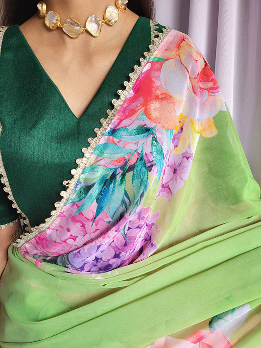 Parrot Color Printed With Sequins With Lace Border Georgette Saree
