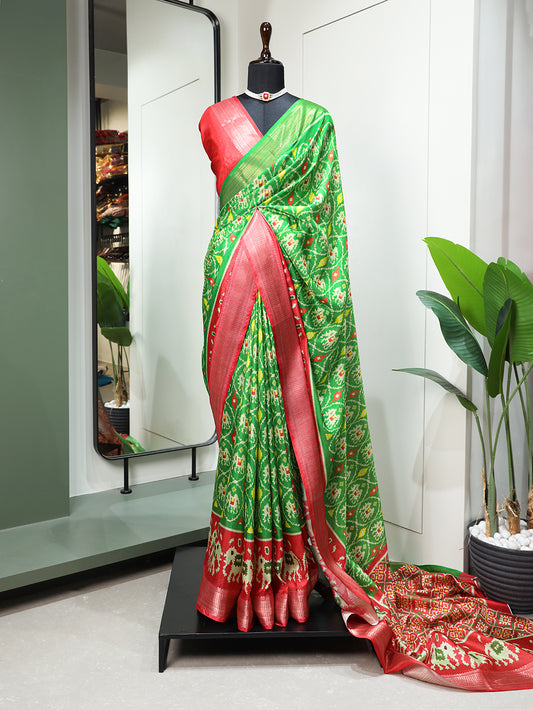 Parrot Color Digital Patola Printed Dola Silk Saree
