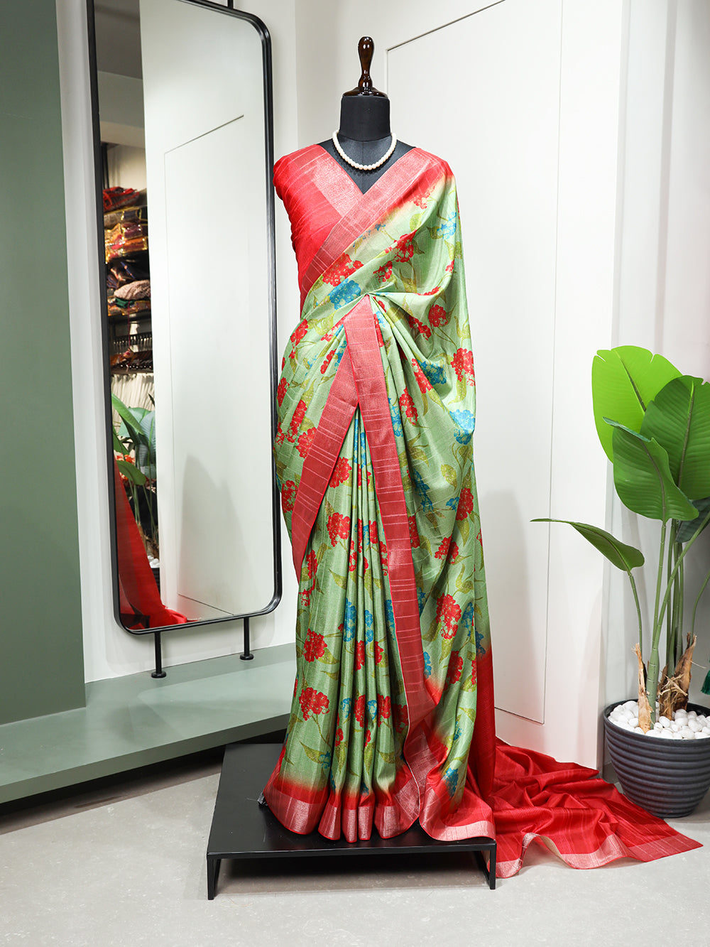 Parrot Color Digital Printed Handloom Kotha Border Saree