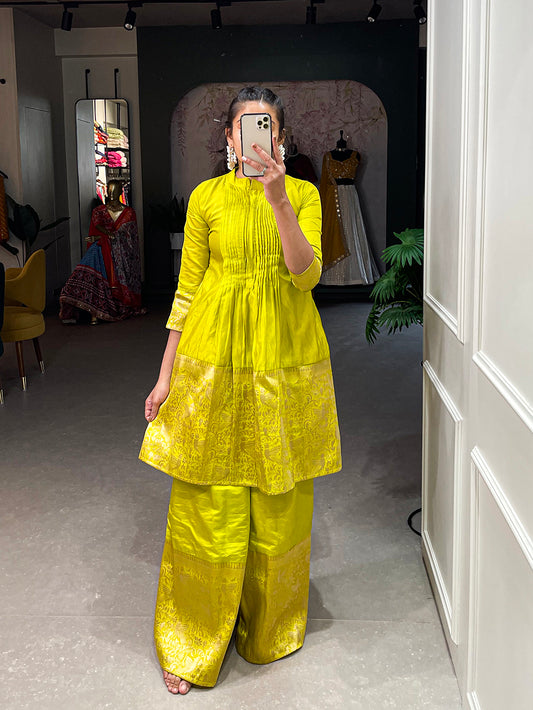 Parrot Color Zari Weaving Work With Dyeing Silk Kurti Plaza Set