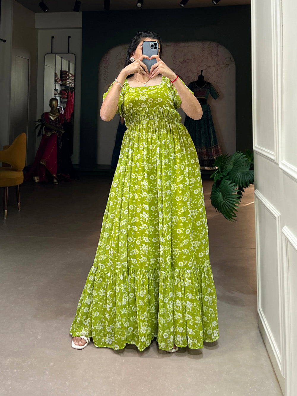 Parrot Color Floral Printed Georgette Long Dress