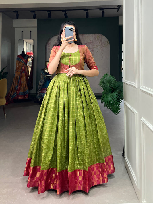 Parrot Color Zari Weaving Work Zari Chex Wedding Dress
