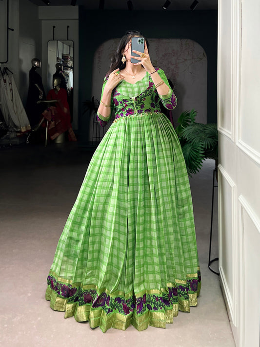 Parrot Color Printed With Zari Weaving Work Polyester Chanderi Gown