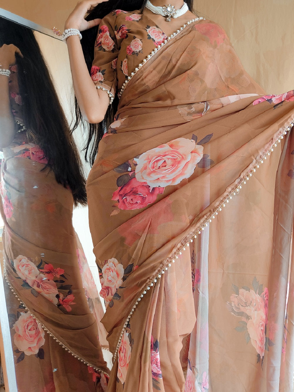 Brown Color Printed With Peral Lace Border Georgette Saree