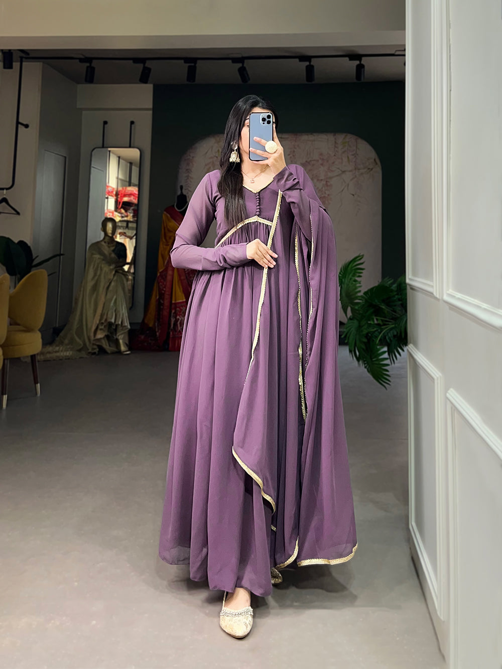 Lavender Color Plain And Sequins Embroidery Lace Georgette Dress