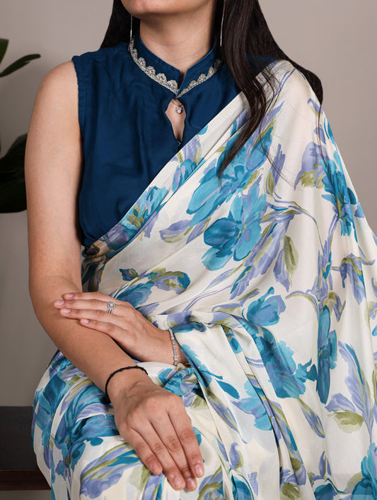 Sky Blue Color Floral Printed Satin Silk Fancy Saree