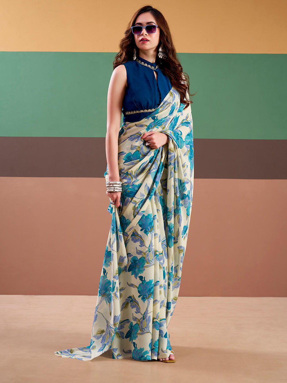 Sky Blue Color Floral Printed Satin Silk Fancy Saree