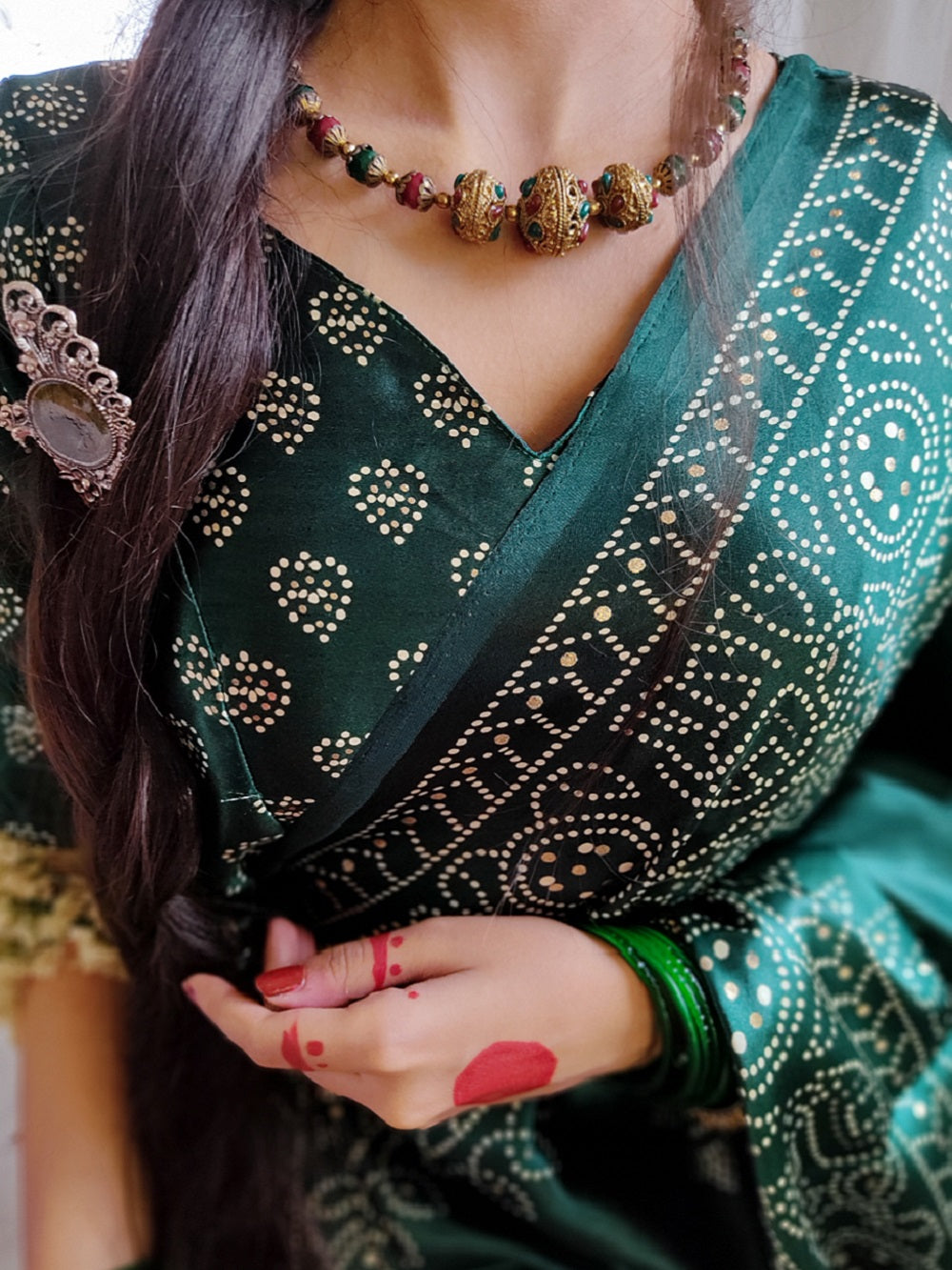 Green Color Semi Gaji Satin Saree With Foil And Print Work