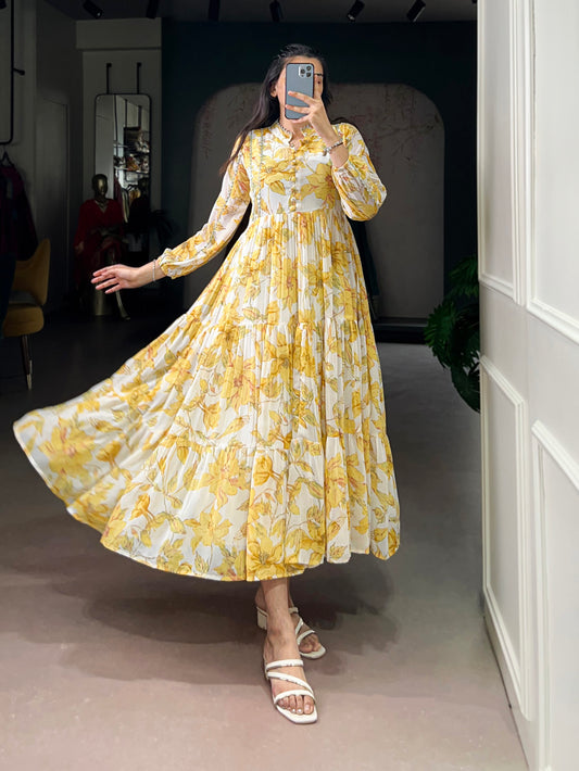 Yellow Color Floral And Foil Printed Weightless Marbel Frock
