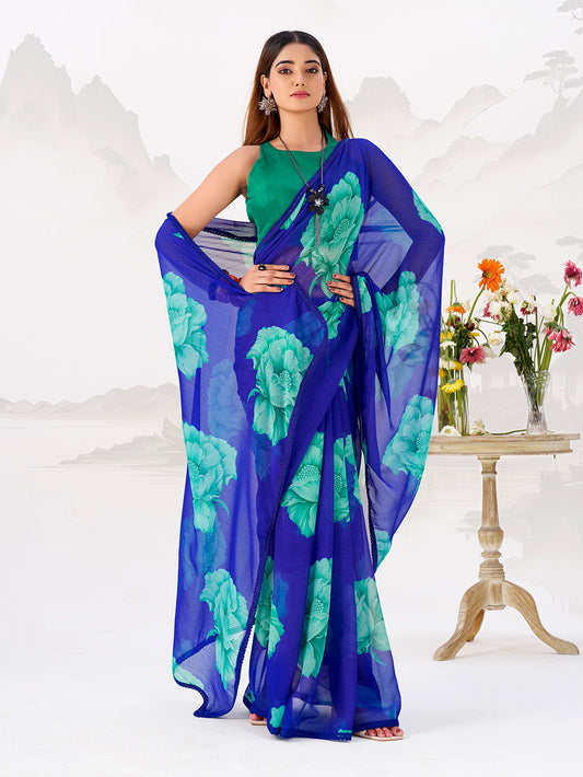 Royal Blue Color Floral Print with Lace Border Chiffon Saree