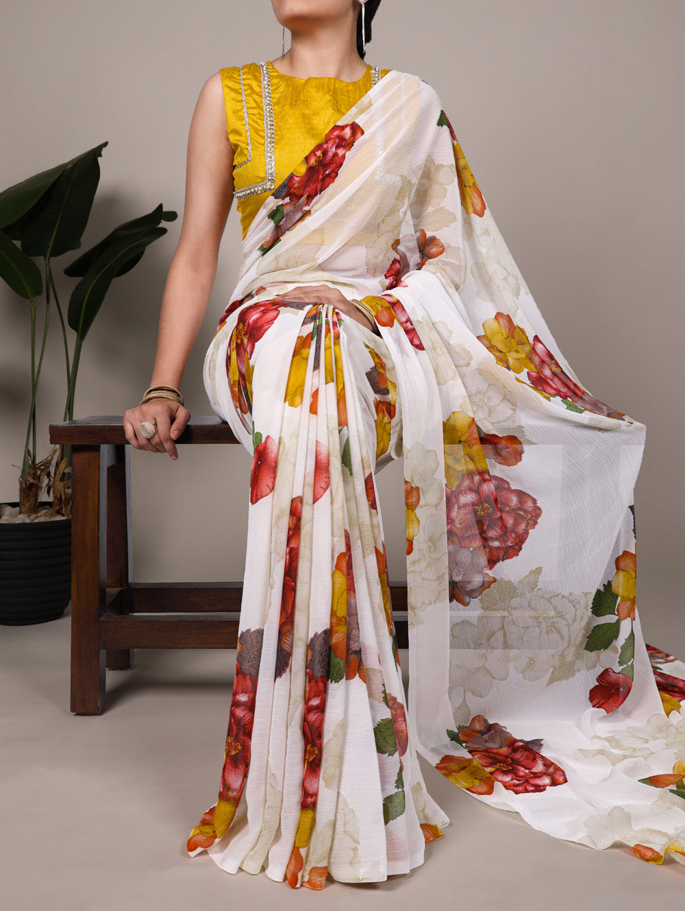 White Color Floral Printed Chiffon Saree