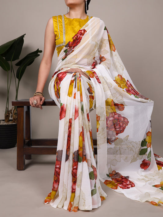 White Color Floral Printed Chiffon Saree