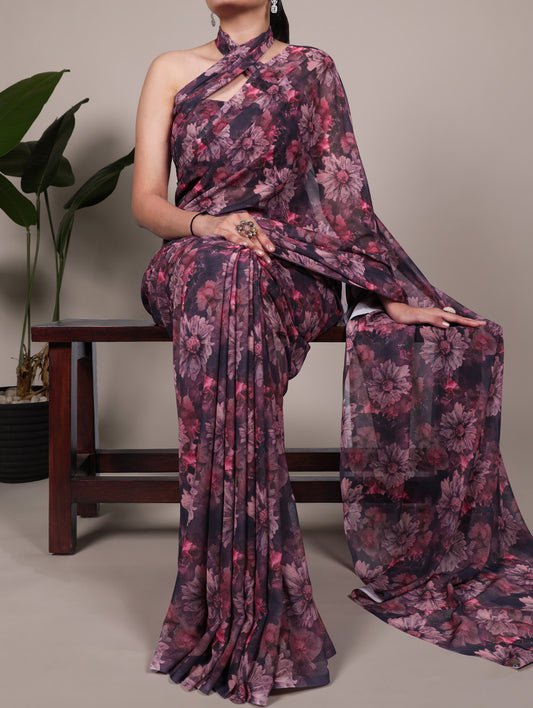 Purple Color Floral Printed Weightless Marbel Saree